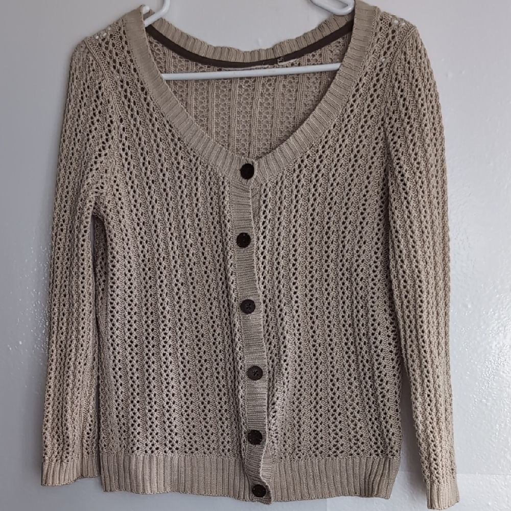 Cotton Crochet Cottage core Beige Knit Summer Cardigan Size S